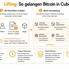 Diagramm zeigt den Prozess, wie Bitcoin durch "Lifting" in Cube gelangt, unter Nutzung von bitcoin smart contracts für virtuelle Bitcoin (VTXOs).