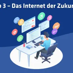 Ein Entwickler arbeitet am Computer, um die Zukunft des Internets, Web3, zu gestalten. Icons für Programmierung und Technologien schweben um ihn herum.
