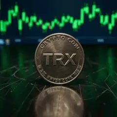 Eine TRX-Münze liegt vor einem grünen Chart, der die Volatilität von tron crypto zeigt.