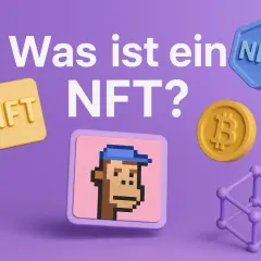 Was ist ein NFT? Ein digitaler Affe, Bitcoin und ein NFT-Symbol auf lila Hintergrund.