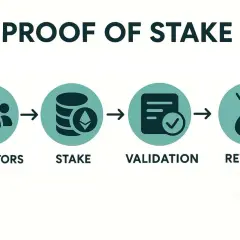 Proof of Stake" Prozess: Validatoren staken Krypto, was zur Validierung und Belohnung führt.