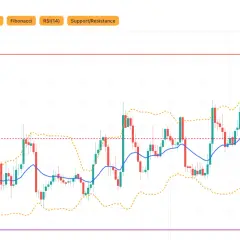 LINK/USDT Chart mit Kerzen, Bollinger Bändern und Fibonacci-Linien. Der Kurs schwankt um die EMA(20), mit Widerstand bei 9.87 und Unterstützung bei 8.20.