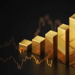 Goldbarren steigen an, eine positive Gold prognose 2030, vor einem Chart.