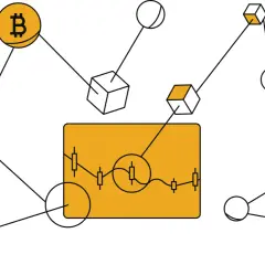 Abstrakte Darstellung von dydx crypto: Bitcoin, Ethereum und Blockchain-Blöcke sind verbunden. Ein Chart zeigt den Kursverlauf.