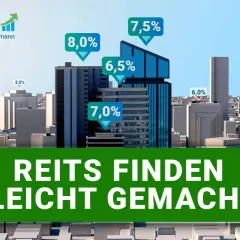 Grafik zeigt eine Stadt mit Wolkenkratzern, die verschiedene Renditen zeigen. "REITS FINDEN LEICHT GEMACHT" steht im Vordergrund.