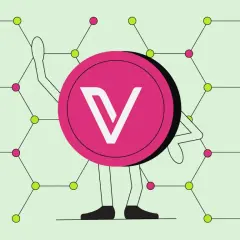 Vechain Thor-Münze mit stilisierten Armen und Beinen, die vor einem Hintergrund aus verbundenen Sechsecken stehen.