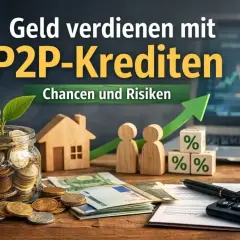 Geld verdienen mit P2P-Krediten: Ein Sparschwein, Haus, Figuren und Würfel mit Prozentzeichen symbolisieren Chancen und Risiken.