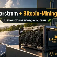 Solar-Mining-Rigs neben Solarpaneelen. Überschüssige Sonnenenergie wird für Bitcoin-Mining genutzt.