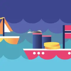 Ein Mann auf einem Segelboot blickt auf ein Schiff mit der norwegischen Flagge und Münzen, das die norwegischer staatsfonds zusammensetzung symbolisiert.
