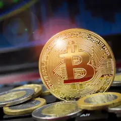 Goldener Bitcoin-Coin auf Tastatur, umgeben von Münzen. Ein Blick zurück auf den Bitcoin Preis 2009, als die Kryptowährung noch in den Kinderschuhen steckte.