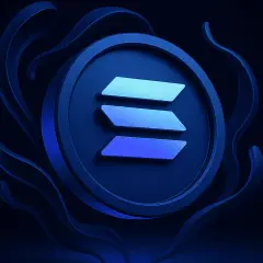Das Solana-Logo, ein Kreis mit drei horizontalen Balken, umgeben von dunklen, geschwungenen Formen, symbolisiert die Kraft der Solana blockchain.