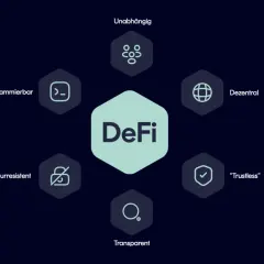 DeFi-Konzept mit Symbolen für Unabhängigkeit, Dezentralität, Transparenz, "Trustless", Zensurresistenz und Programmierbarkeit. Ein DeFi token repräsentiert diese Werte.