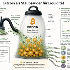 Bitcoin als Staubsauger für Liquidität: Zentralbanken erzeugen Geld, das in Bitcoin fließt. Der Anfang der Bitcoin-Geschichte zeigt, wie es Liquidität aufsaugt.