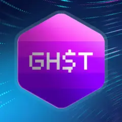 Das GHST Coin-Logo in Pixel-Art auf einem violetten Sechseck, umgeben von leuchtenden, abstrakten Lichtspuren.