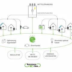 Schema eines intelligenten energy web: Häuser mit Solaranlagen, E-Auto, Batterie, Netzbetreiber, Regulator, Energie-Lieferanten, Daten-Austausch.