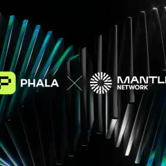 Phala Network und Mantle Network kooperieren. Abstrakte, glänzende Formen im Hintergrund.
