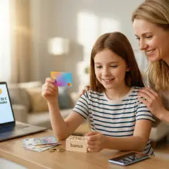 Mutter und Kind freuen sich über das neue Kinderkonto mit 50€ Startguthaben. Die Zinsen für das Sparkonto werden bald sichtbar.