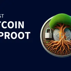 Ein Baum mit Wurzeln, die aus einem Bitcoin-Symbol wachsen, und einem Vorhängeschloss. Das Bild erklärt "Was ist Bitcoin Taproot".