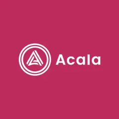Das Acala Network Logo auf einem magentafarbenen Hintergrund. Links sind blaue und weiße Rechtecke, rechts ein Sonnenstrahlen-Muster.