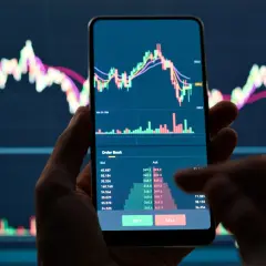 Hand hält Smartphone mit Bitcoin-Chart und Orderbuch. Der Kurs fällt, was auf einen möglichen Bitcoin short hindeutet.