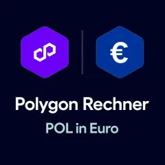 Polygon Rechner: POL in Euro. Das Bild zeigt das Polygon-Logo neben dem Euro-Symbol, was auf die Umrechnung von POL in Euro hinweist.