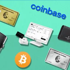 Kreditkarten, ein Portemonnaie und ein Bitcoin-Symbol liegen neben einem Tablet, das eine Kasse zeigt. Dies könnte eine Darstellung von **Ecuador Bitcoin**-Zahlungen sein, die über Coinbase abgewickelt werden.