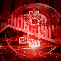 Roter Chart mit fallendem Bitcoin-Symbol und Weltkugel. Die rote Pfeilspitze deutet auf einen Abwärtstrend hin, der erklärt, warum Bitcoin dropping ist.