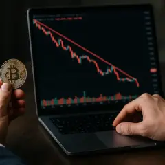 Mann hält Bitcoin-Münze, während auf Laptop-Bildschirm ein fallender Chart zu sehen ist. Die Krypto-Kurse scheinen zu shorten.