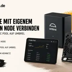 Ein Umbrel-Gerät und ein Bitaxe-Miner, die zeigen, wie man mit einem eigenen Bitcoin-Node und Open-Source-Software minen kann.