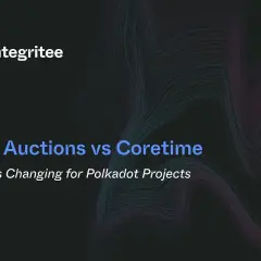 Integritree Logo und Titel "Slot Auctions vs Coretime". Ein Blick auf die Änderungen für Polkadot-Projekte und die Polkadot Parachain Auction.