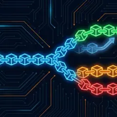 Eine blaue Blockchain teilt sich in drei neue Ketten: grün, gelb und rot. Dies symbolisiert einen **hard fork** in der digitalen Welt.