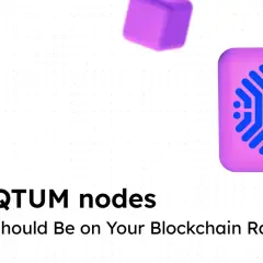 NOWNodes Logo und ein stilisiertes Symbol für den Qtum Coin. Der Text lautet "Access QTUM nodes. Why Qtum Should Be on Your Blockchain Radar".