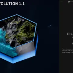Ein hexagonales Ökosystem mit grünen Hügeln und blauem Wasser, das für das crypto gaming Planet IX wirbt.