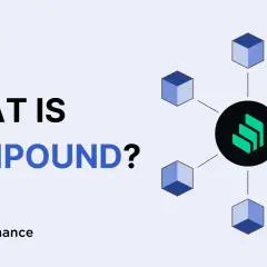 Grafik erklärt das Konzept von compound finance mit dem Compound-Logo und verbundenen Würfeln.