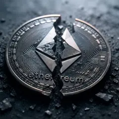 Zerbrochene Ether Krypto-Münze mit dem Ethereum-Logo, umgeben von Trümmern auf dunklem Hintergrund.