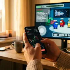 Person spielt "Among Us" am PC, während er auf dem Handy den Kurs von SUPER/USDT verfolgt. Eine super farm für Gamer und Trader.