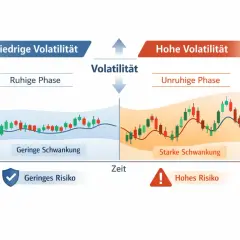 Vergleich von niedriger und hoher Volatilität: ruhige Phase mit geringer Schwankung und geringem Risiko vs. unruhige Phase mit starker Schwankung und hohem Risiko.