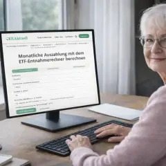 Seniorin nutzt ETF-Rechner für auszahlplan mit kapitalverzehr. Sie plant ihre monatliche Entnahme.