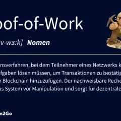 Ein Miner schürft mit Spitzhacke nach Bitcoin, um die **proof of work blockchain** zu sichern.
