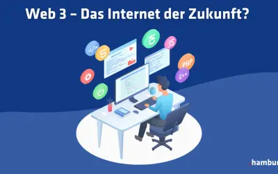 Ein Entwickler arbeitet am Computer, um die Zukunft des Internets, Web3, zu gestalten. Icons für Programmierung und Technologien schweben um ihn herum.