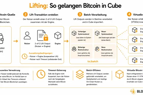 Diagramm zeigt den Prozess, wie Bitcoin durch "Lifting" in Cube gelangt, unter Nutzung von bitcoin smart contracts für virtuelle Bitcoin (VTXOs).