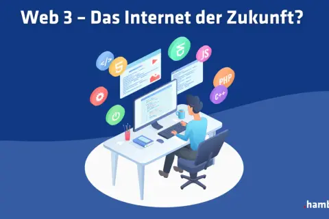 Ein Entwickler arbeitet am Computer, um die Zukunft des Internets, Web3, zu gestalten. Icons für Programmierung und Technologien schweben um ihn herum.