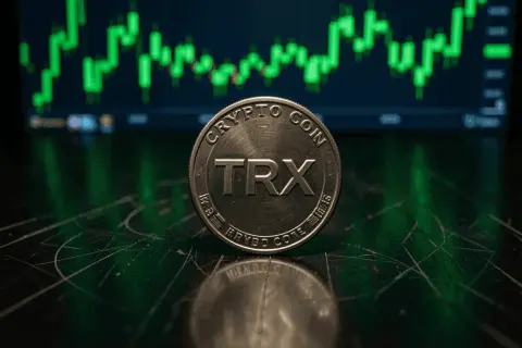 Eine TRX-Münze liegt vor einem grünen Chart, der die Volatilität von tron crypto zeigt.