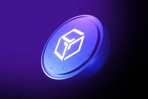 Gala Crypto-Münze leuchtet auf violettem Hintergrund.