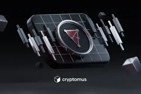 Abstrakte Darstellung von Kryptowährung-Charts mit dem chz coin-Symbol im Zentrum, umgeben von schwebenden Würfeln und Kerzencharts.