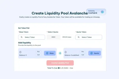 Erstelle einen Liquiditätspool auf Avalanche. Wähle Base- und Quote-Token, um die Liquidität für deinen balancer fi zu erhöhen.