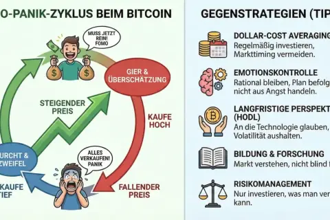 Der FOMO-Panik-Zyklus beim Bitcoin zeigt, wie Gier und Angst das Trading beeinflussen. Gegenstrategien wie DCA, Emotionskontrolle und Bildung helfen, klüger zu investieren.