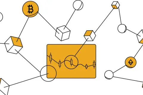 Abstrakte Darstellung von dydx crypto: Bitcoin, Ethereum und Blockchain-Blöcke sind verbunden. Ein Chart zeigt den Kursverlauf.