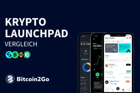 Krypto Launchpad Vergleich mit Bitcoin2Go. Mobile Apps zeigen Krypto-Trading-Oberflächen, ideal für den Start neuer Projekte.