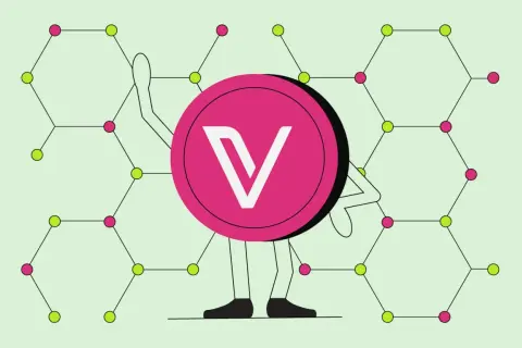 Vechain Thor-Münze mit stilisierten Armen und Beinen, die vor einem Hintergrund aus verbundenen Sechsecken stehen.